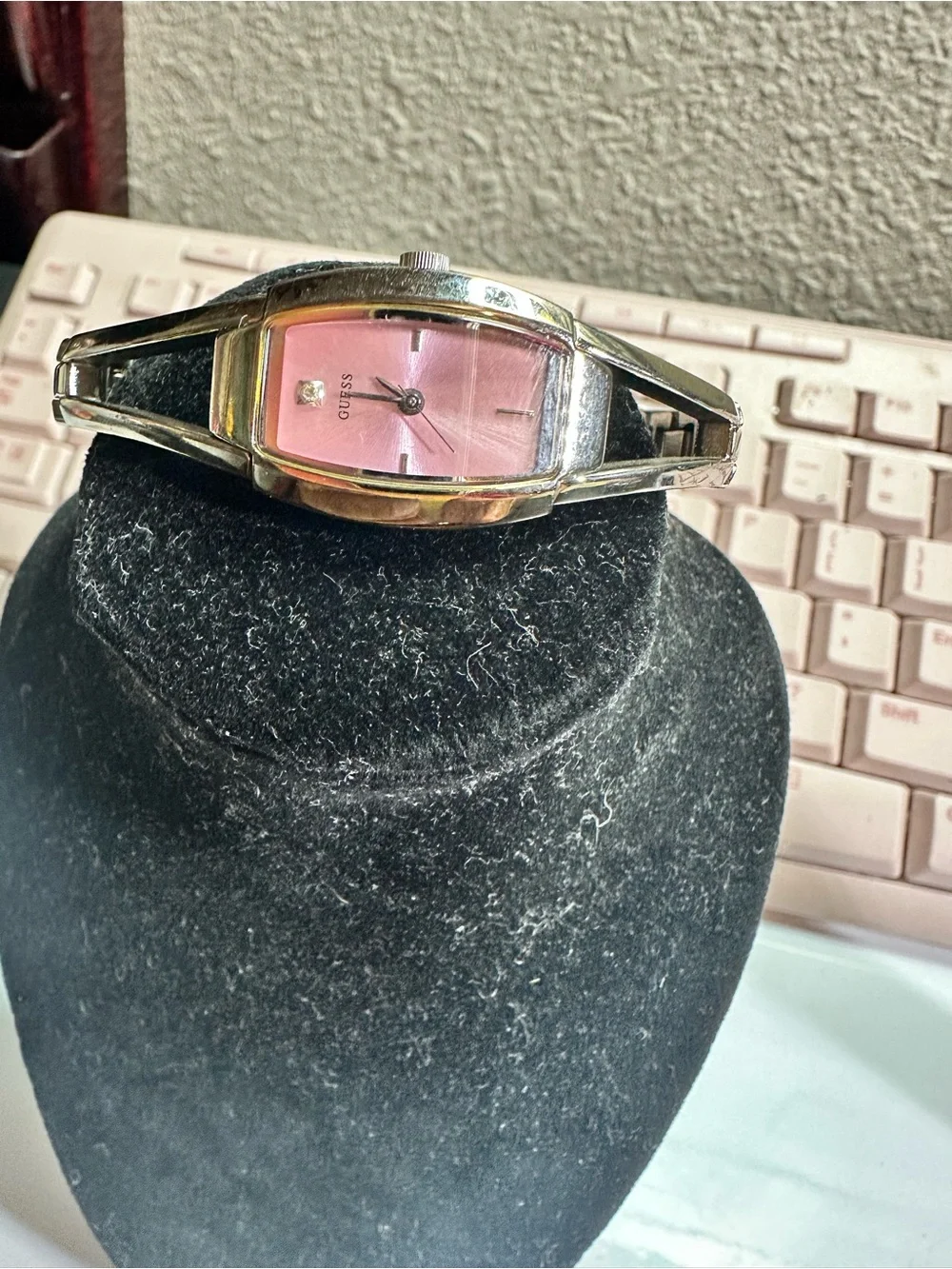 GUESS Silver-Tone Bangle Watch with Pink Sunray Dial vintage